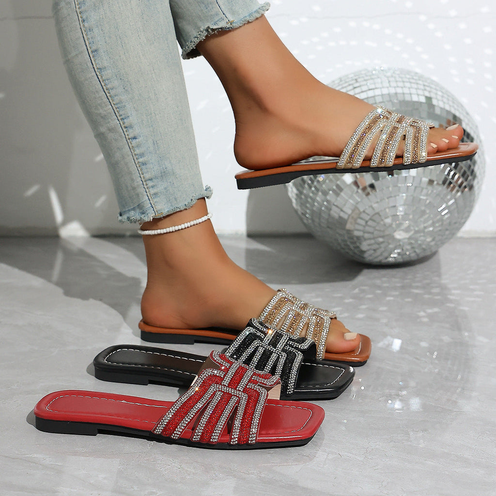 Shopimist rhinestone open toe sandals with strappy design and block heel, featuring sparkling rhinestone embellishments.
