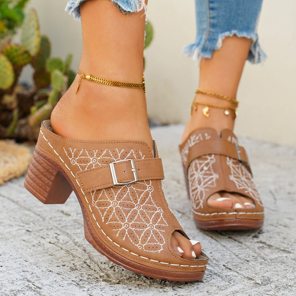 Women's chic buckle detail block heel sandals in premium faux leather, featuring stylish straps and a sturdy heel.