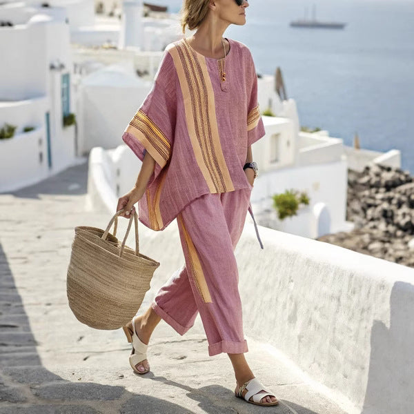 3D print batwing sleeve two-piece set by Plush Fashion Hub featuring a loose T-shirt and straight-leg pants on a model.