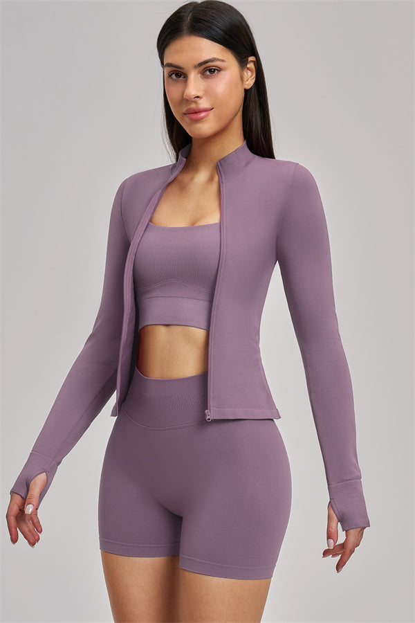 Fitglutes Activewear sports bra, jacket, and shorts 3-piece set designed for workouts, featuring breathable fabric and comfortable fit.
