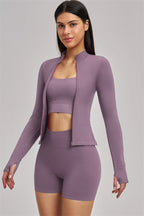 Fitglutes Activewear sports bra, jacket, and shorts 3-piece set designed for workouts, featuring breathable fabric and comfortable fit.