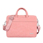 Plush Fashion Hub laptop bag with briefcase style and protective sleeve, featuring a sleek, padded exterior for laptop safety.