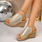 Open toe wedge sandals by Shopimist featuring a stylish design with a comfortable platform and ankle straps.