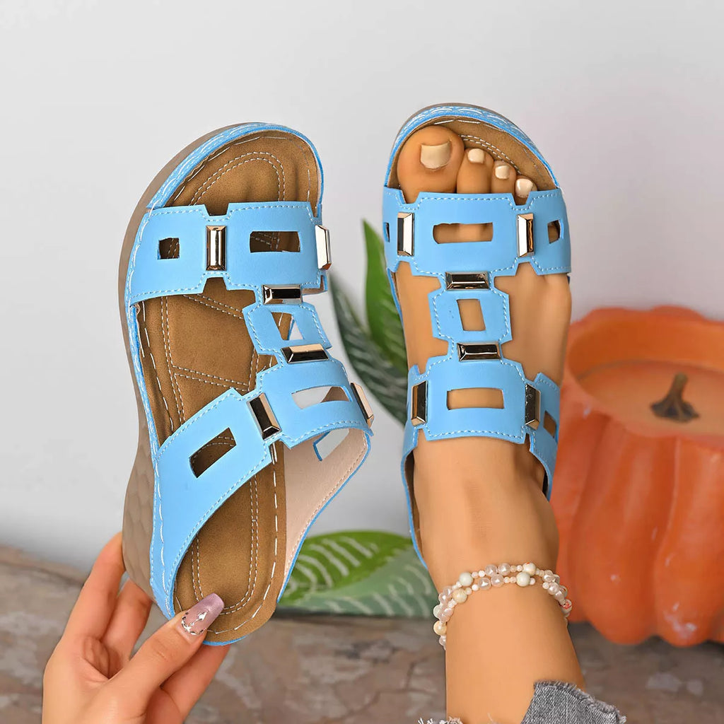 Open toe wedge sandals by Shopimist featuring a stylish design with a cork heel and adjustable ankle strap.