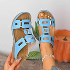 Open toe wedge sandals by Shopimist featuring a stylish design with a cork heel and adjustable ankle strap.