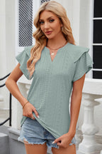 Light blue eyelet notched flutter sleeve T-shirt from Trendsi, featuring a relaxed fit and stylish sleeve design.