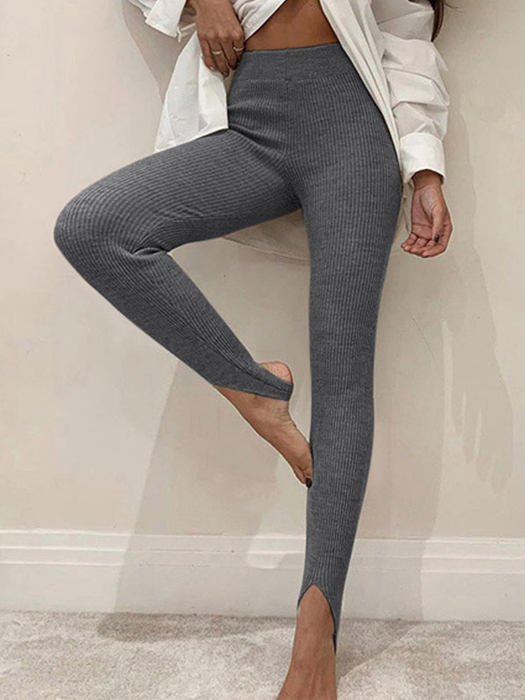 Ribbed mid waist leggings by Shopimist, showing stretchy fabric with ribbed texture and snug fit on a model.