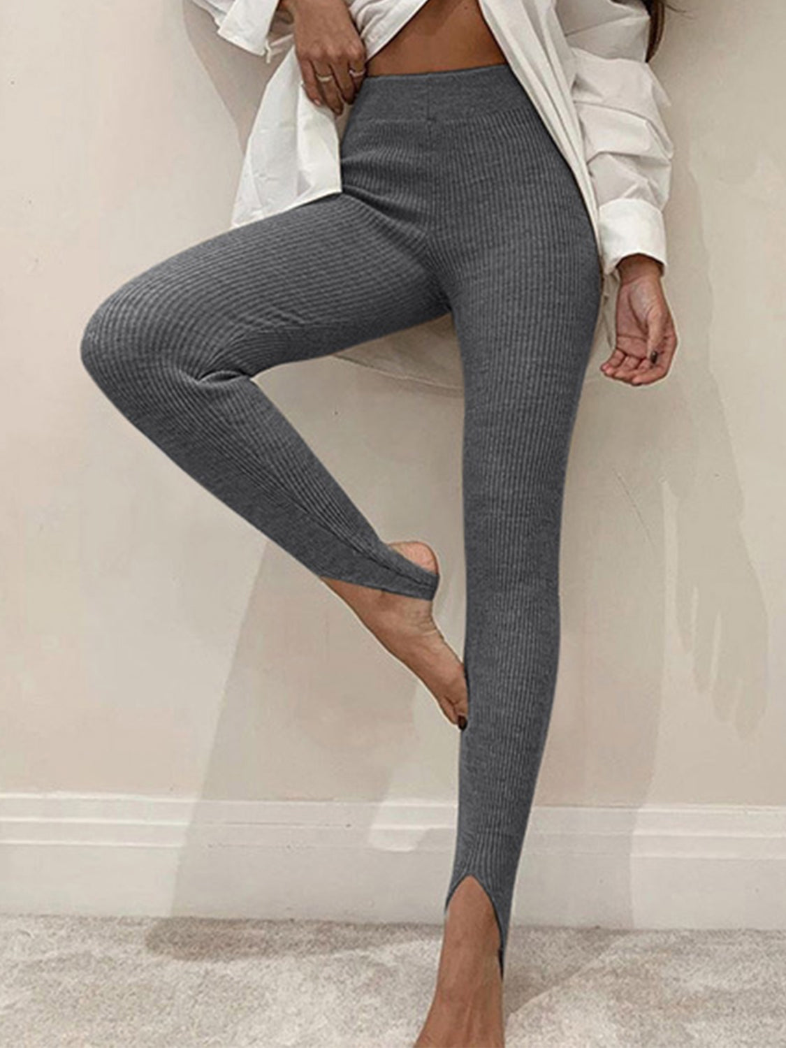 Ribbed mid waist leggings by Shopimist, showing stretchy fabric with ribbed texture and snug fit on a model.