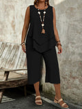 Casual sleeveless solid-colored top and cropped pants two-piece set by Plush Fashion Hub, featuring a relaxed, stylish casualwear look.