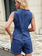 Button-front denim vest top from Trendsi featuring a classic blue jean design and sleeveless fit.