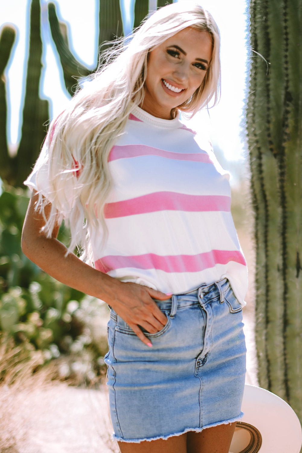 Lightweight knitted summer short sleeve sweater by Threaded Pear, casual and breathable top for warm weather.