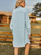 VYSN denim dress with button-up front, collared neck, and raw hem, casual fashion clothing for women.
