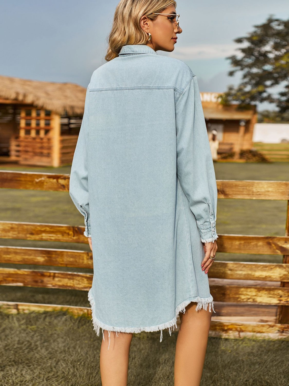 VYSN denim dress with button-up front, collared neck, and raw hem, casual fashion clothing for women.