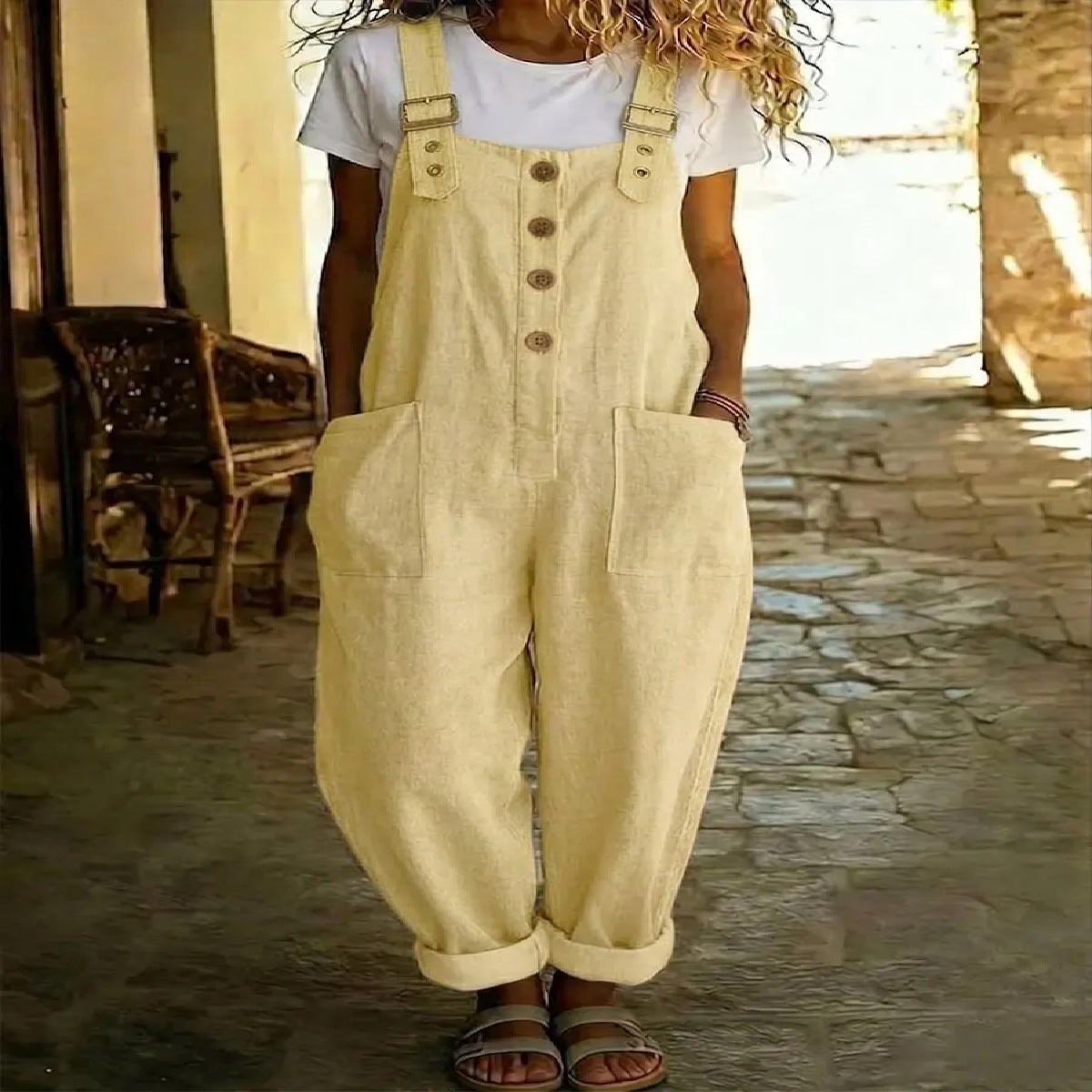 Women's vintage high-waist straight-leg overalls jumpsuit with sleeveless suspender design, by Plush Fashion Hub.