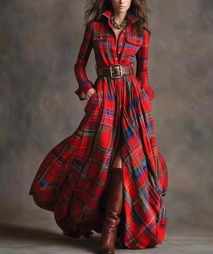 Plus size plaid print long sleeve shirt dress with pockets by FitiqueFit, casual women's casualwear, featuring a relaxed fit and button details.