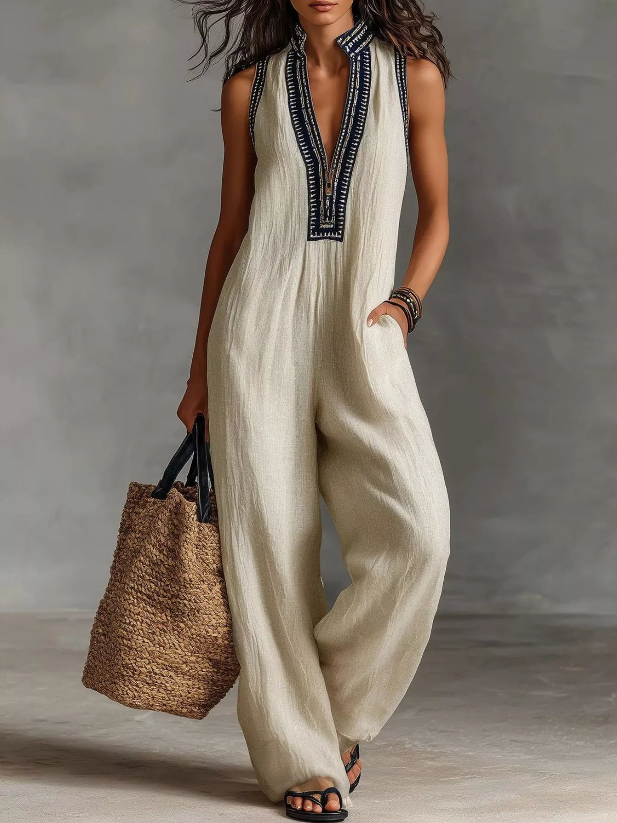 Plus size full length sleeveless wide-leg jumpsuit from Trendsi, shown on a model with a fitted bodice and flowing pant legs.