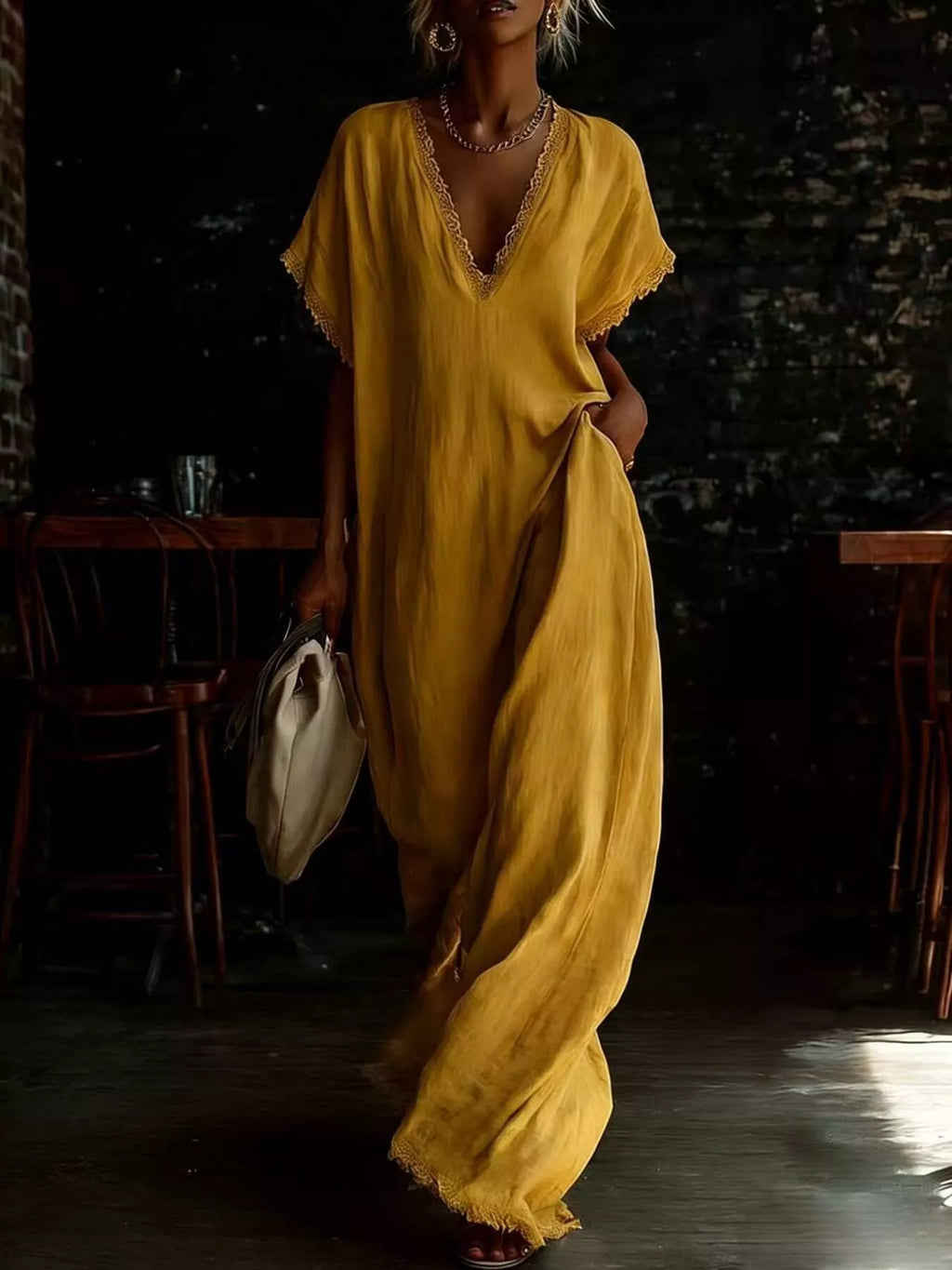 Plus size full-length maxi dress with lace trim and V-neck, featuring a flowy silhouette from Shopimist.