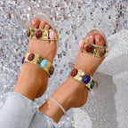 Women's open toe block heel sandal in faux leather by Trendsi, featuring a comfortable design and stylish shoe silhouette.