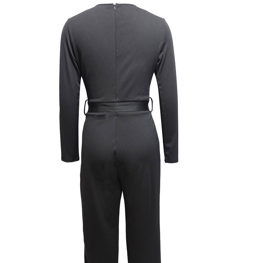 Ladies' slim fit V-neck long-sleeved jumpsuit by FitiqueFit, showcasing its casual style and figure-flattering design.