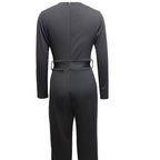Ladies' slim fit V-neck long-sleeved jumpsuit by FitiqueFit, showcasing its casual style and figure-flattering design.