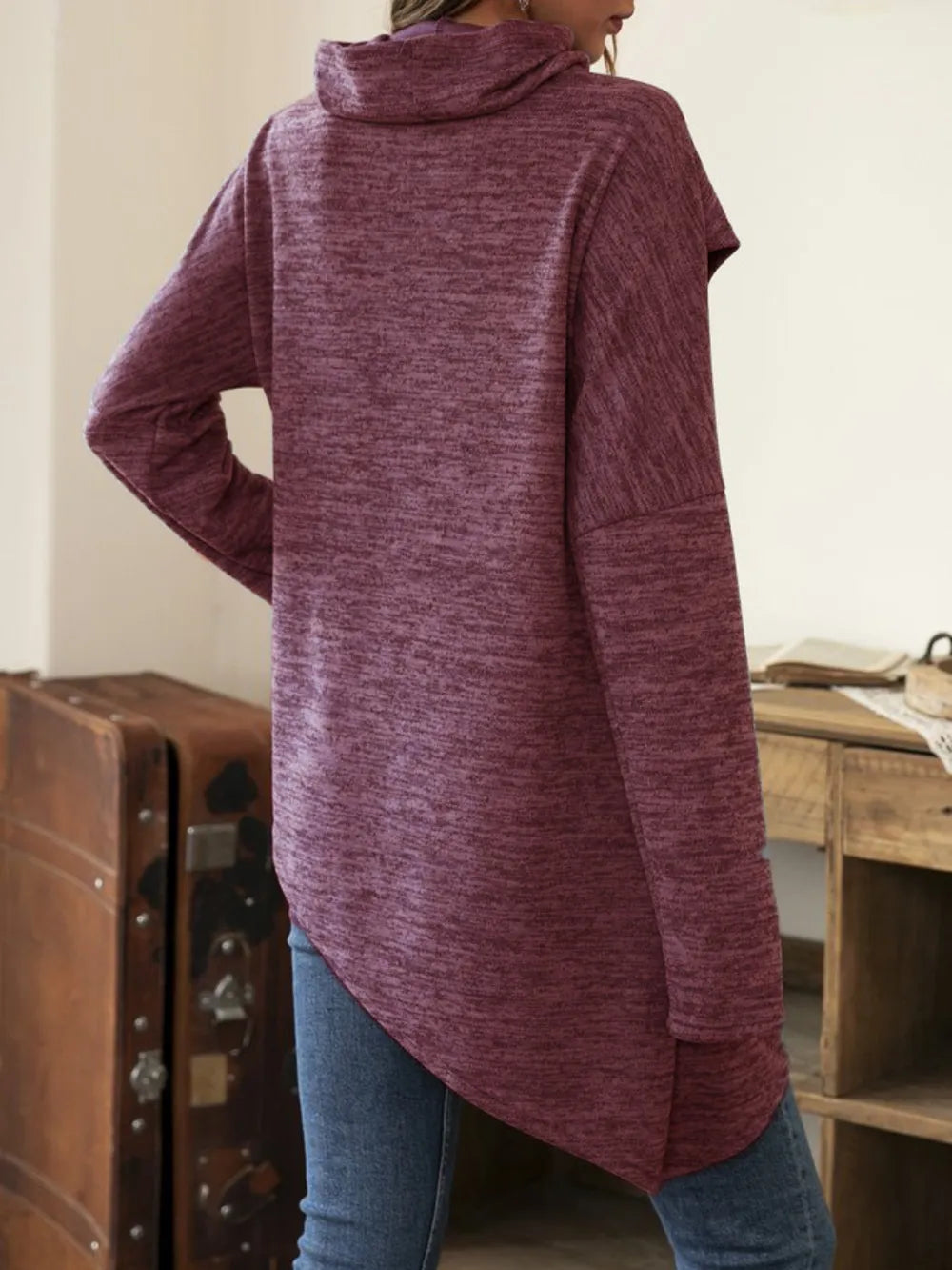 Asymmetrical hem cowl neck long sleeve T-shirt from Trendsi, featuring a stylish design with a unique hem and cozy cowl neckline.