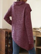 Asymmetrical hem cowl neck long sleeve T-shirt from Trendsi, featuring a stylish design with a unique hem and cozy cowl neckline.