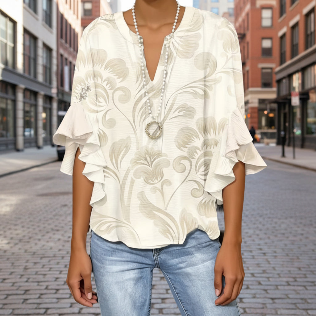 Women's 3D print ruffle sleeve loose top by FitiqueFit, featuring elegant urban style, in a relaxed fit with ruffle details.