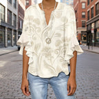 Women's 3D print ruffle sleeve loose top by FitiqueFit, featuring elegant urban style, in a relaxed fit with ruffle details.