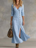 Casual cotton linen long sleeve women's dress by FitiqueFit, featuring a relaxed fit, natural fabric, and stylish design.