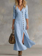 Casual cotton linen long sleeve women's dress by FitiqueFit, featuring a relaxed fit, natural fabric, and stylish design.