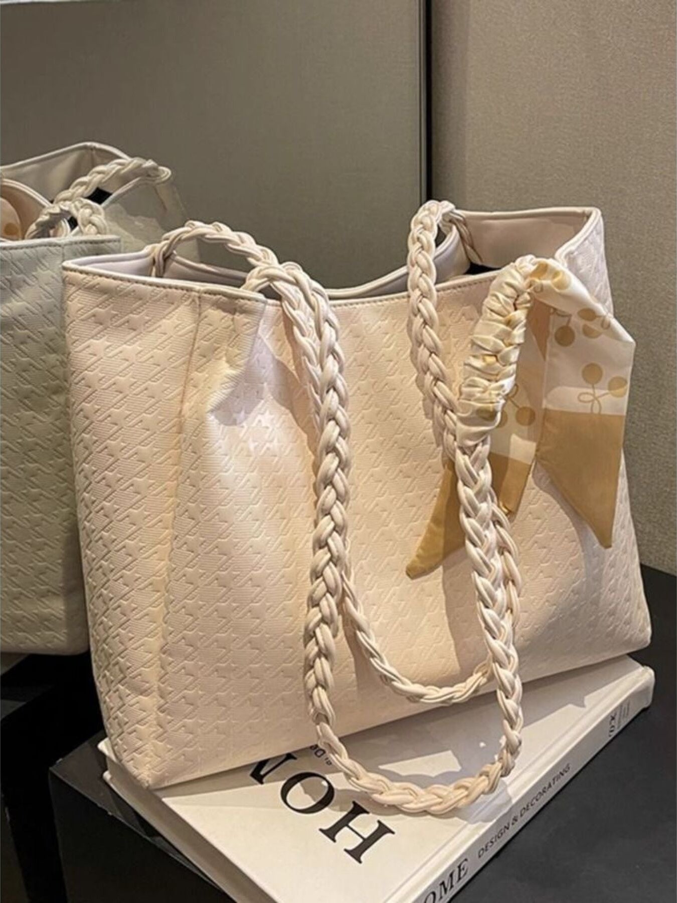 Shopimist braided handle tote bag with woven strap and spacious interior, perfect for everyday carry and casual outings.