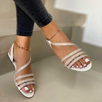 Plush Fashion Hub low top round toe solid color fish mouth flat sandals with rhinestones, breathable and fashionable for summer wear.