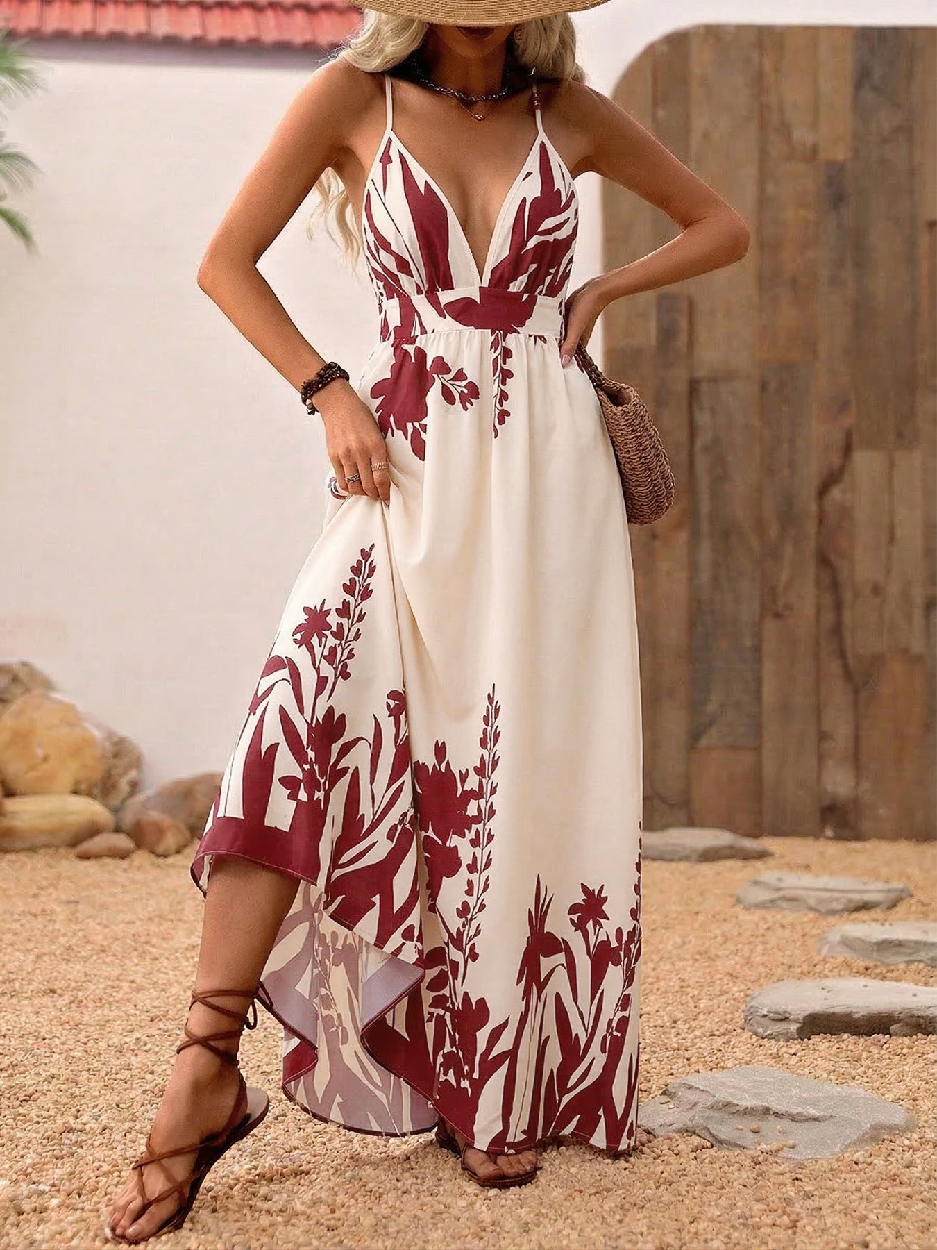 Elegant deep V-neck spaghetti strap evening maxi dress by Plush Fashion Hub, floor-length gown perfect for formal occasions.