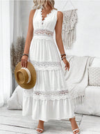 Sleeveless Swiss Dot Lace Maxi Dress with ruched tie detail, elegant dress from Trendsi featuring delicate lace and flowing silhouette.