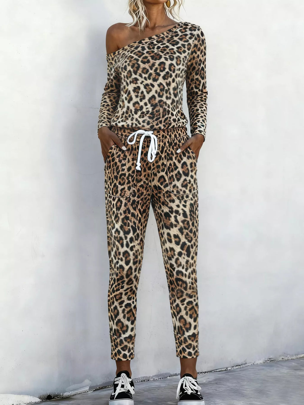 Leopard print one-shoulder top and matching pants set by Simply Love, stylish fashion outfit with bold animal pattern.