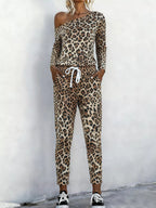 Leopard print one-shoulder top and matching pants set by Simply Love, stylish fashion outfit with bold animal pattern.