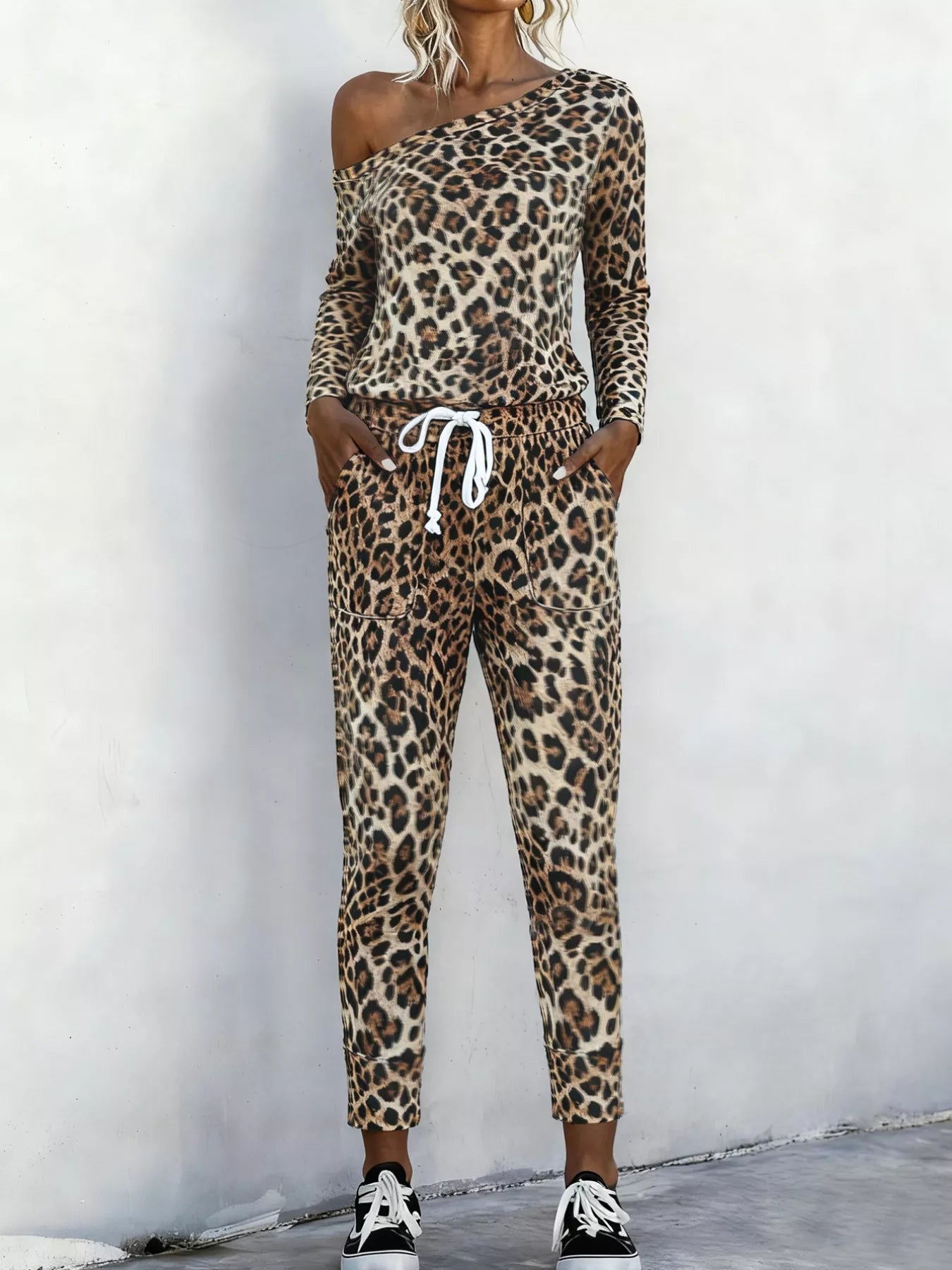 Leopard print one-shoulder top and matching pants set by Simply Love, stylish fashion outfit with bold animal pattern.