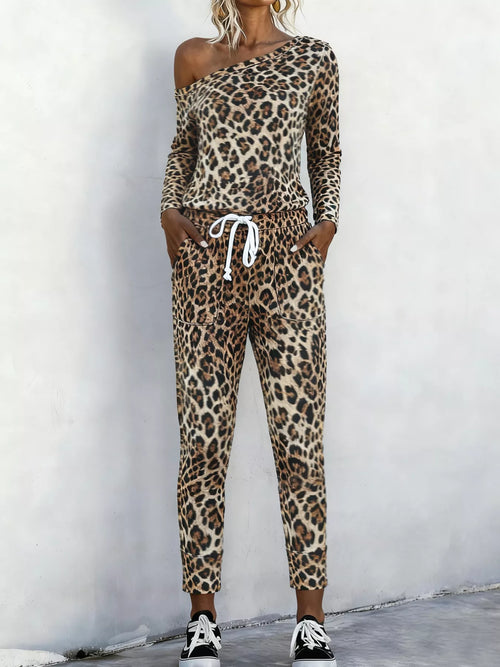 Leopard print one-shoulder top and matching pants set by Simply Love, stylish and trendy clothing set for women.