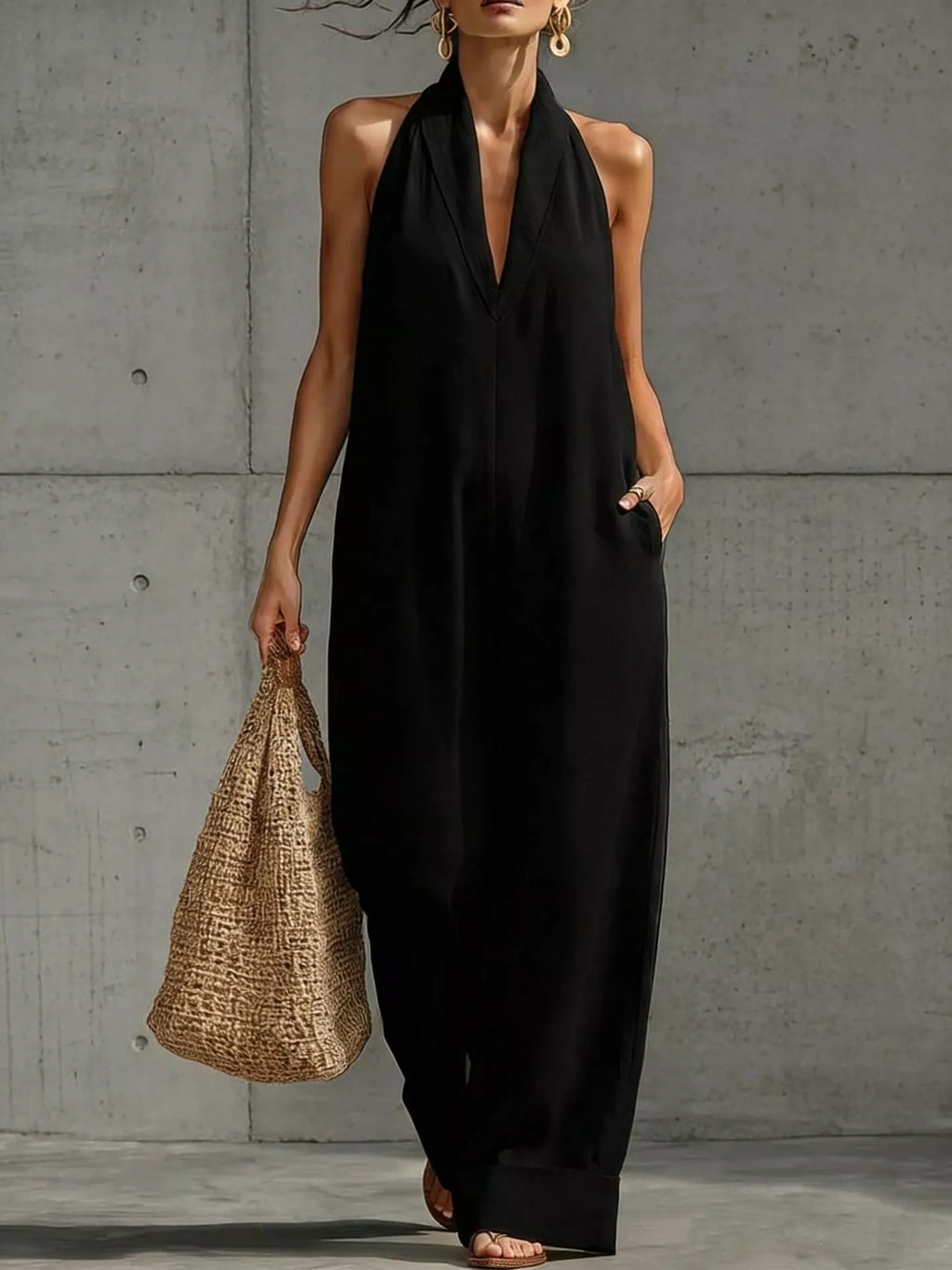 Plus size full-length halter neck wide-leg jumpsuit by Trendsi, featuring a stylish and comfortable design for women.