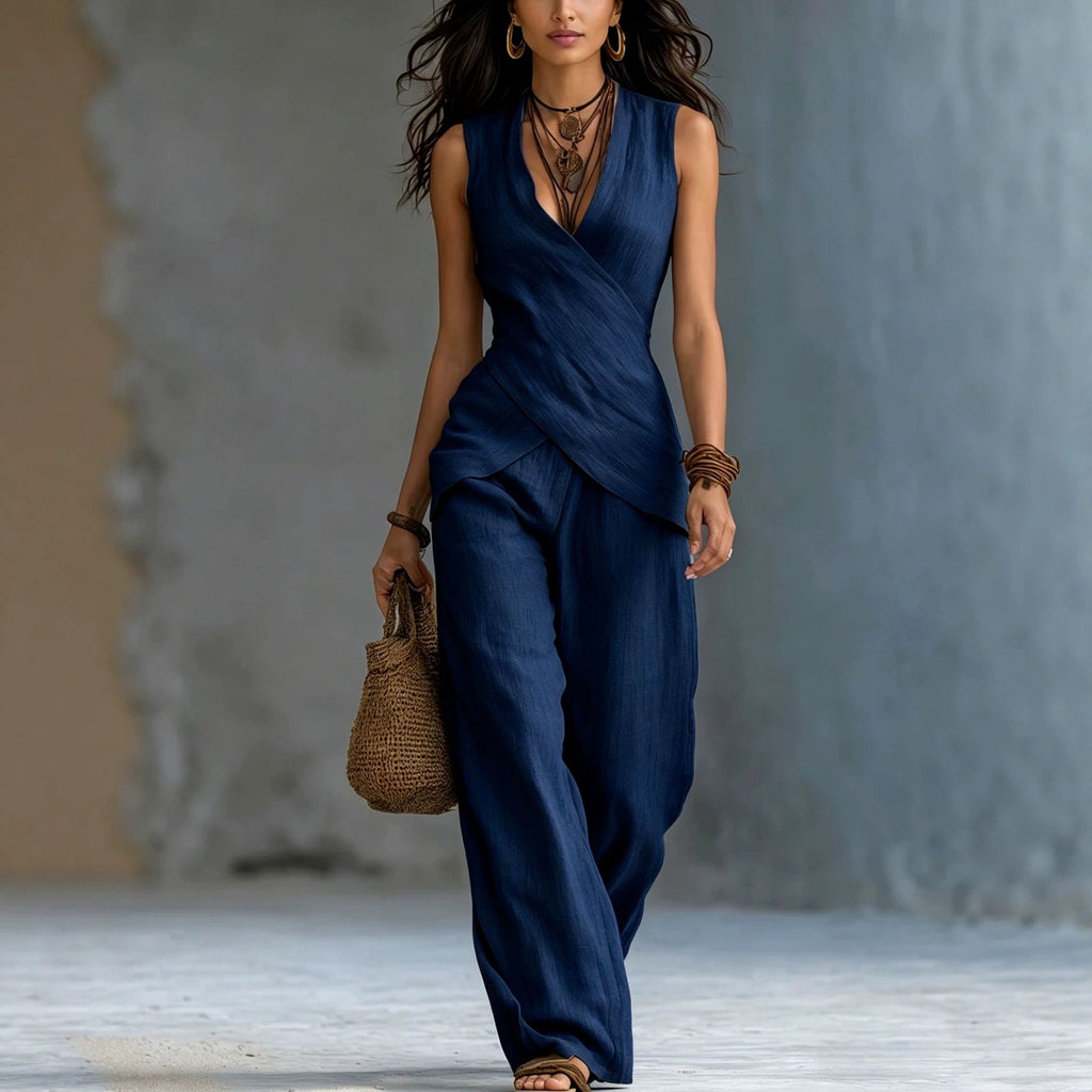 Women's V-neck crossover tank top and casual trousers two-piece set by FitiqueFit, featuring comfortable fabric and relaxed fit.