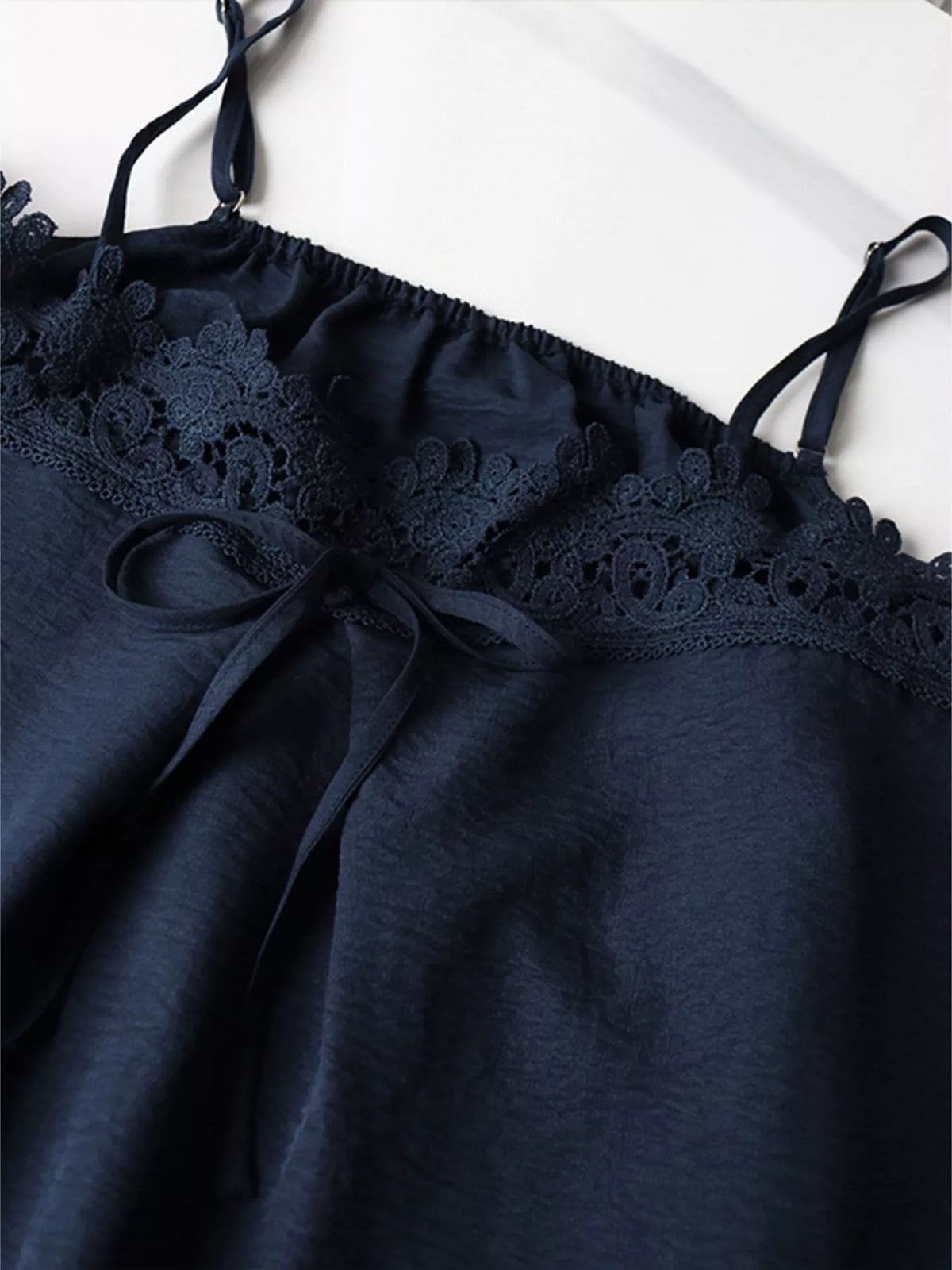 Lace trim cami and wide-leg pants set by Plush Fashion Hub, featuring a stylish matching ensemble with delicate lace details.