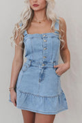 VYSN denim dress with ruffled hem, button front, square neckline, stylish clothing for women.