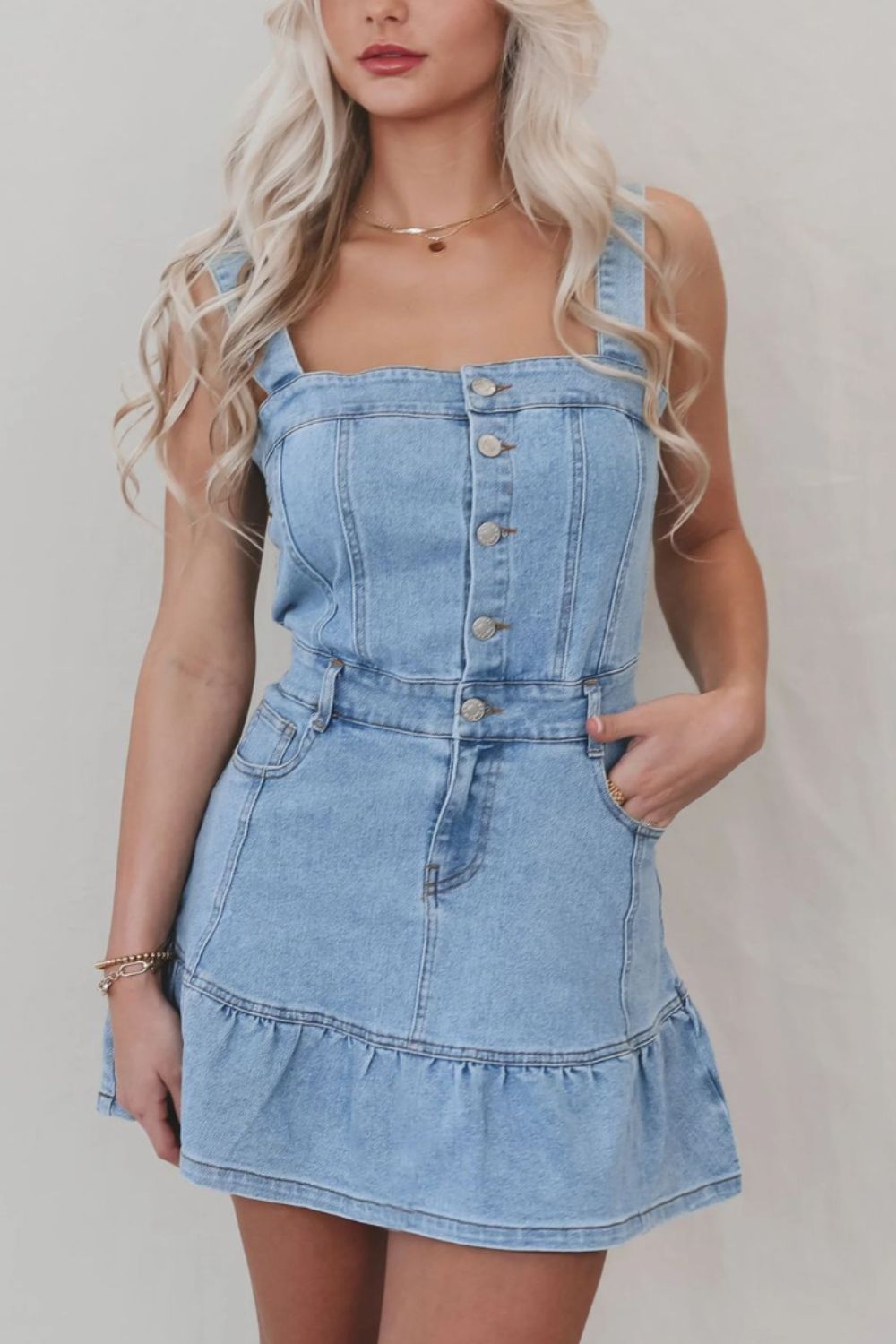 Denim dress with ruffled hem, square neckline, button front from Plush Fashion Hub, casual fashion clothing.