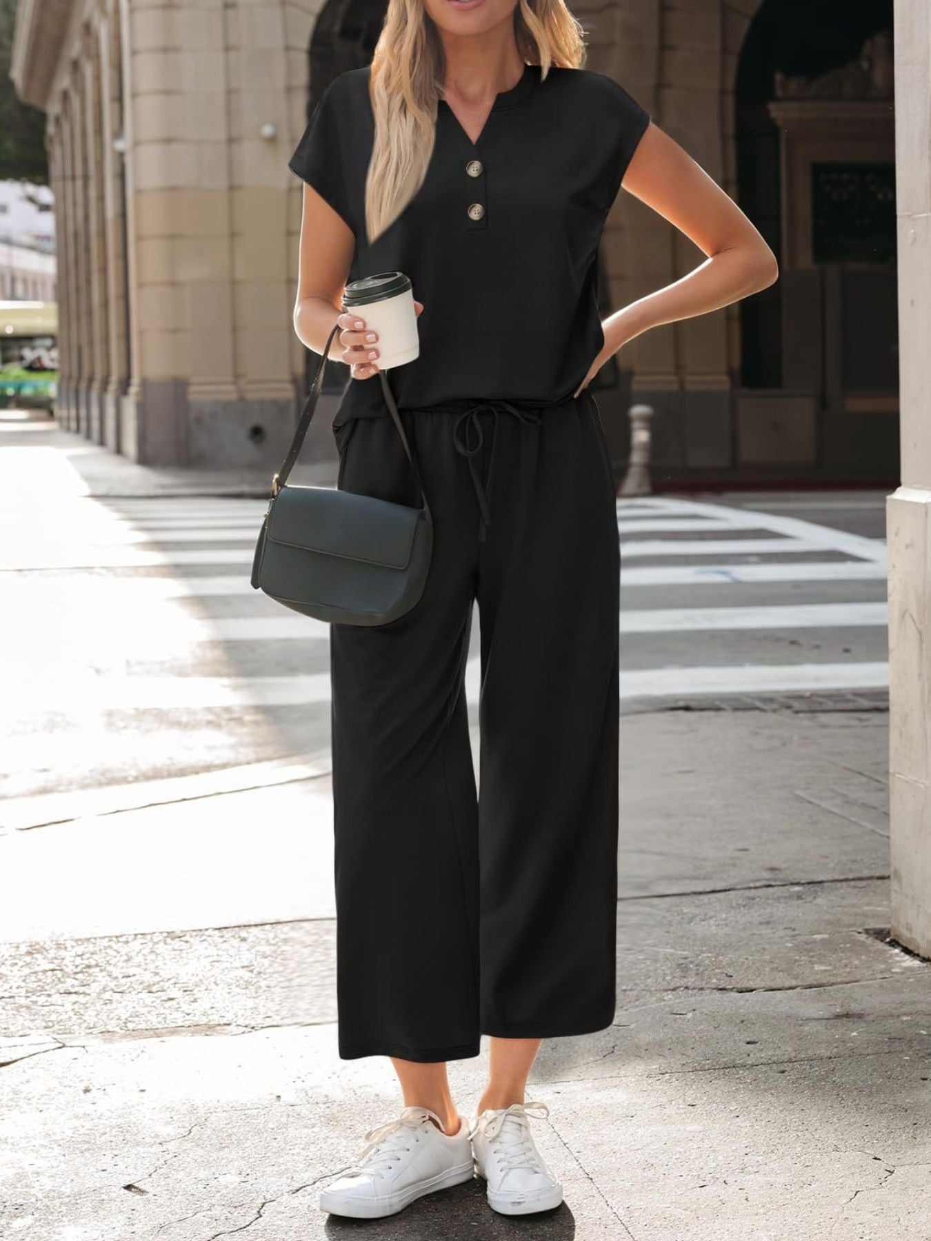 Women's notched short sleeve lounge set with pockets, 2-piece casual sleepwear from Trendsi, featuring a relaxed fit and comfortable fabric.