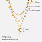 18K gold-plated moon three-layered necklace with delicate chains and celestial charms, stylish jewelry for everyday wear