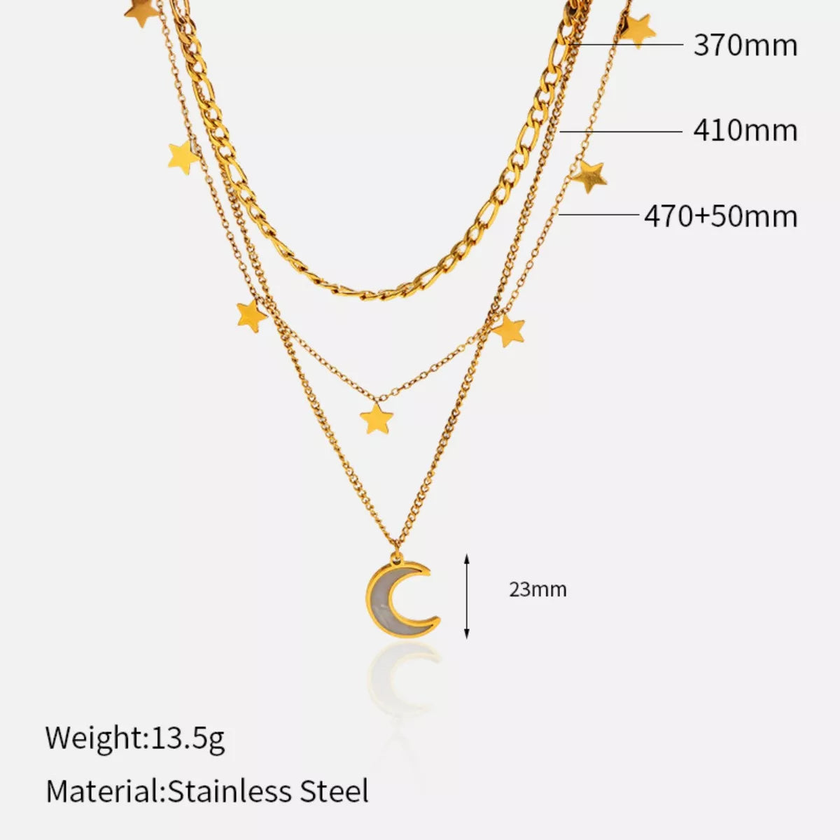 18K gold-plated moon three-layered necklace with delicate chains and celestial charms, stylish jewelry for everyday wear