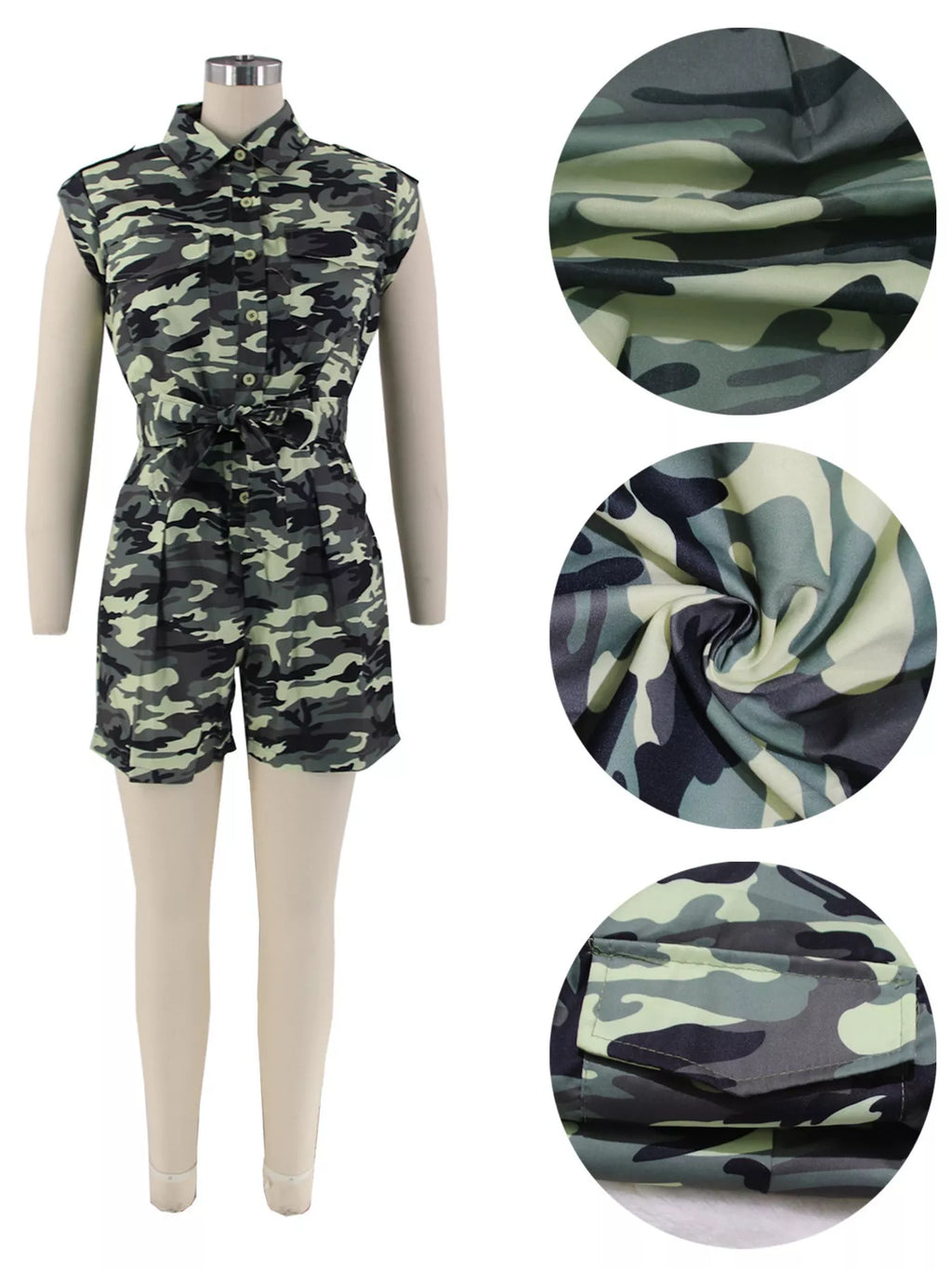 Camouflage button-front tie waist romper by Shopimist, featuring a stylish camo print and adjustable tie at the waist.