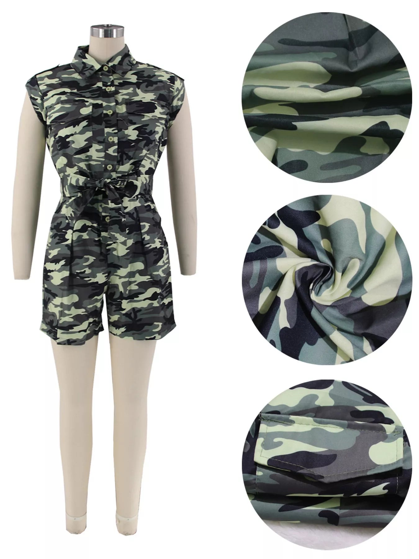 Camouflage button-front tie waist romper by Shopimist, featuring a stylish camo print and adjustable tie at the waist.