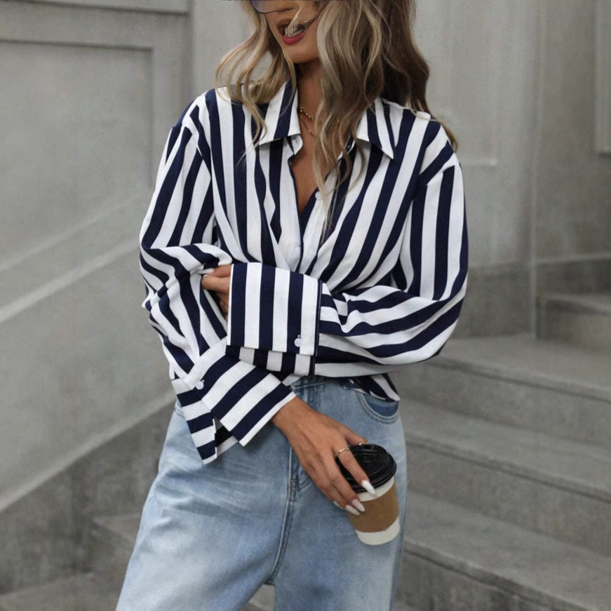 Women's striped long-sleeve loose-fit shirt by FitiqueFit, casual tops with black and white horizontal stripes.