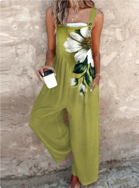 Women’s square-neck floral sleeveless jumpsuit by Plush Fashion Hub, featuring a casual fit with a vibrant floral pattern.